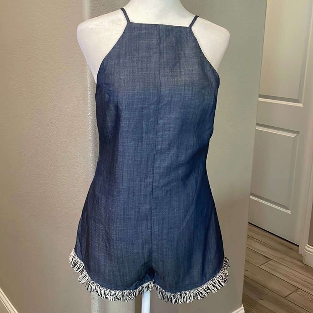 COPY - Line + Dot Chambray Romper With Fringe Hem